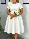 Women's Plus Size High Waist Round Neck Floral A-Line Solid African Dress