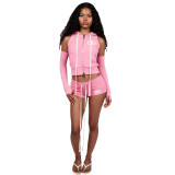 Women's Sexy Fashion Sleeve Cover Zipper Solid Casual 2-Piece Shorts Set