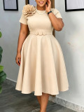 Women's Plus Size High Waist Round Neck Floral A-Line Solid African Dress