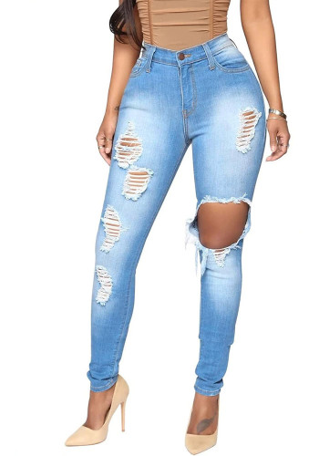High Waist Ripped Stretch Tight Fitting Denim Pants