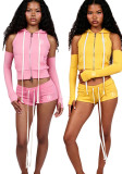 Women's Sexy Fashion Printed Sleeve Cover Zipper Solid Casual 2-Piece Shorts Set