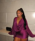 Solid Color Sexy Deep V-Neck Cowl Neck Wide Sleeve Low Back Bodycon Mini Dress