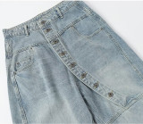 Streetwear Asymmetric Slanted Button Design Denim Pants