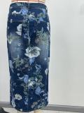 Plus Size High Waist Floral Print Front Slit Bodycon Long Denim Skirt