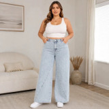 Women's Summer Plus Size High Waist Wide Leg Washed Asymmetric Cut Denim Pants