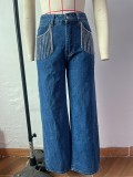 Women's High Waist Fashion Rhinestone Long Denim Jeans