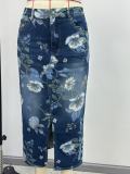 Plus Size High Waist Floral Print Front Slit Bodycon Long Denim Skirt