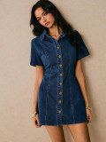 Women's Solid Color Denim Turndown Collar Metal Button Slim Waist Casual Short Sleeve Dress