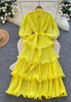 Beaded Lantern Sleeve Lace-Up Slim Waist Slim Fit Chic Ruffle Pleated Dress Beaded Lantern Sleeve Lace-Up Slim Waist Slim Fit Chic Ruffle Pleated Dress