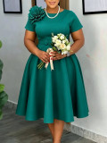 Women's Plus Size High Waist Round Neck Floral A-Line Solid African Dress