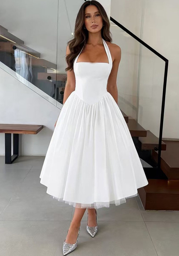 Women's Summer Elegant Chic Slim Waist Large Swing White Formal Dress