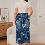 Plus Size High Waist Floral Print Front Slit Bodycon Long Denim Skirt