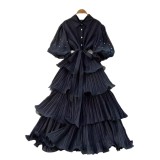 Beaded Lantern Sleeve Lace-Up Slim Waist Slim Fit Chic Ruffle Pleated Dress