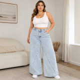 Women's Summer Plus Size High Waist Wide Leg Washed Asymmetric Cut Denim Pants