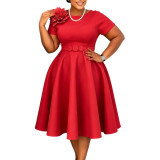 Women's Plus Size High Waist Round Neck Floral A-Line Solid African Dress