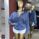 Women's Summer Chic Casual Turn-Down Collar Striped Loose Long Sleeve Shirt Top