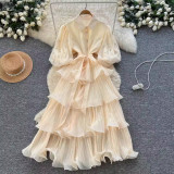 Beaded Lantern Sleeve Lace-Up Slim Waist Slim Fit Chic Ruffle Pleated Dress