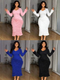 Solid Color U-Neck Long Sleeve Textured Pleated Slim Fit Bodycon Midi Dress