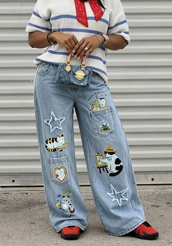 Fashion Cute Cat Embroidered Multi-Pocket Denim Pants