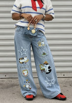 Fashion Cute Cat Embroidered Multi-Pocket Denim Pants Fashion Cute Cat Embroidered Multi-Pocket Denim Pants