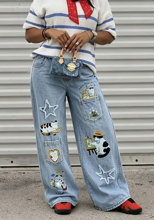 Fashion Cute Cat Embroidered Multi-Pocket Denim Pants