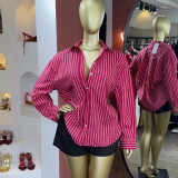Women's Summer Chic Casual Turn-Down Collar Striped Loose Long Sleeve Shirt Top