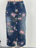 Plus Size High Waist Floral Print Front Slit Bodycon Long Denim Skirt