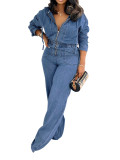 Long Sleeve Solid Color Denim Zipper Hooded Jumpsuit