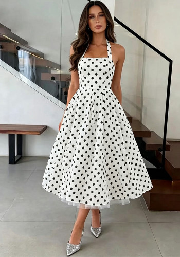 Women's Casual Slim Fit Slim Waist Polka Dot A-Line Sleeveless Strap Dress