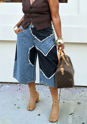 Streetwear Patchwork Contrast Color Heart Print Cropped Denim Pants