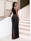 Fashion Sleeveless Rhinestone Round Neck Back Slit Formal Evening Dress