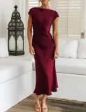 Women's Solid Color Satin Cowl Neck Back Knot Short Sleeve Midi Formal Dress