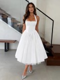 Women's Summer Elegant Chic Slim Waist Large Swing White Formal Dress
