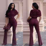 Women's Elegant Fashion Ruched Textured Solid Color Wide Leg Jumpsuit