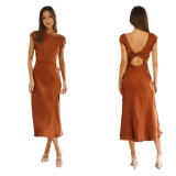 Women's Solid Color Satin Cowl Neck Back Knot Short Sleeve Midi Formal Dress