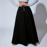 Black High Waist Loose A-line Denim Skirt