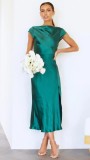 Women's Solid Color Satin Cowl Neck Back Knot Short Sleeve Midi Formal Dress
