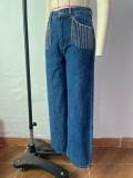 Women's High Waist Fashion Rhinestone Long Denim Jeans