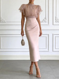 Fashion See-Through Mesh Lace-Up Slim Waist Top with Strap Bodycon Dress Set