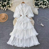 Beaded Lantern Sleeve Lace-Up Slim Waist Slim Fit Chic Ruffle Pleated Dress