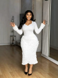 Solid Color U-Neck Long Sleeve Textured Pleated Slim Fit Bodycon Midi Dress