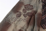 Rose Embroidered Dirty Dye Denim Pants