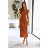 Women's Solid Color Satin Cowl Neck Back Knot Short Sleeve Midi Formal Dress