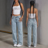 Summer Light Blue Low Waist Loose Straight Denim Long Pants