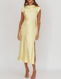 Women's Solid Color Satin Cowl Neck Back Knot Short Sleeve Midi Formal Dress
