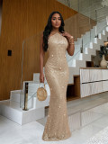 Sequin Halter Neck Lace-Up Low Back Shell Decorated Formal Evening Dress