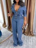 Long Sleeve Solid Color Denim Zipper Hooded Jumpsuit