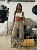Streetwear Leopard Print Wide Leg Denim Pants