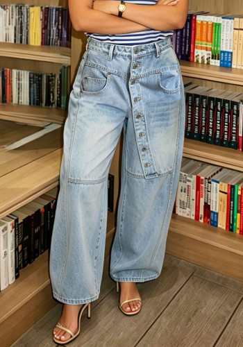 Streetwear Asymmetric Slanted Button Design Denim Pants