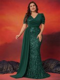Plus Size Elegant Sequin V-Neck Short Sleeve Mother of the Bride Cocktail Party Prom Gown（Processing time need 3-6 days）